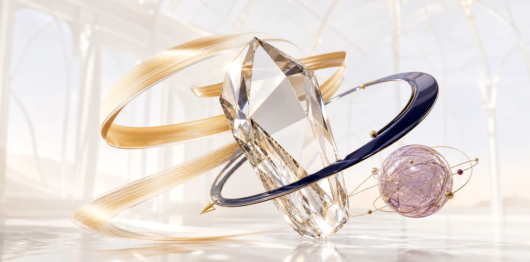 A crystal fashion-intelligence sculpture with champagne, ink-blue, and amethyst signals