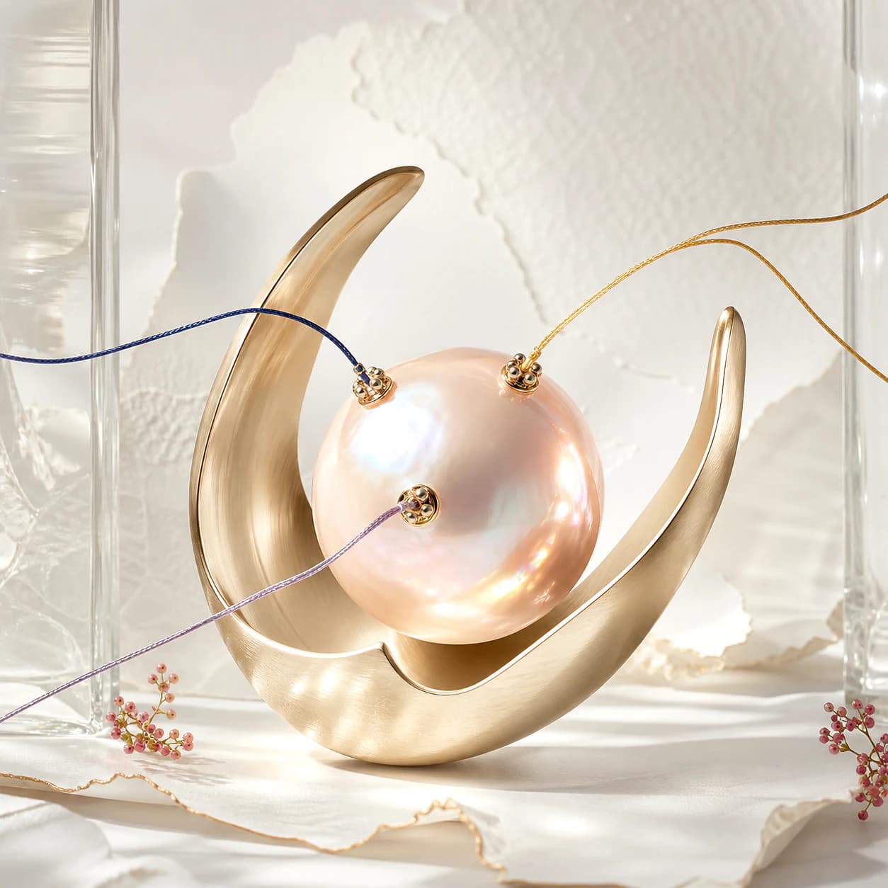An open gold cradle holding a pearl connected to three removable personal style threads