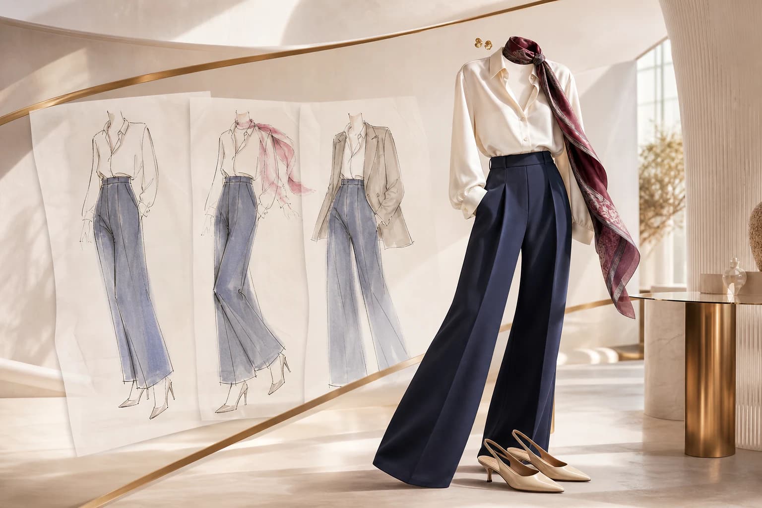 A finished ivory and ink-blue outfit with subtle illustrated refinements